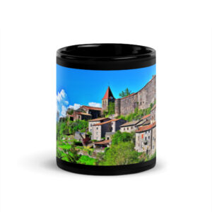 black glossy mug Église st.privat d'allier vue d'ensemble. st privat d'allier