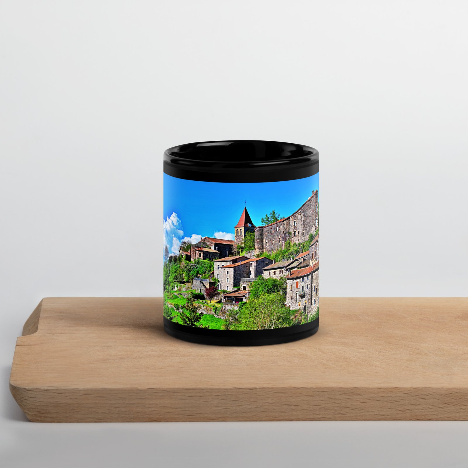 black glossy mug Église st.privat d'allier vue d'ensemble. st privat d'allier black glossy mug Église st.privat d'allier vue d'ensemble. st privat d'allier