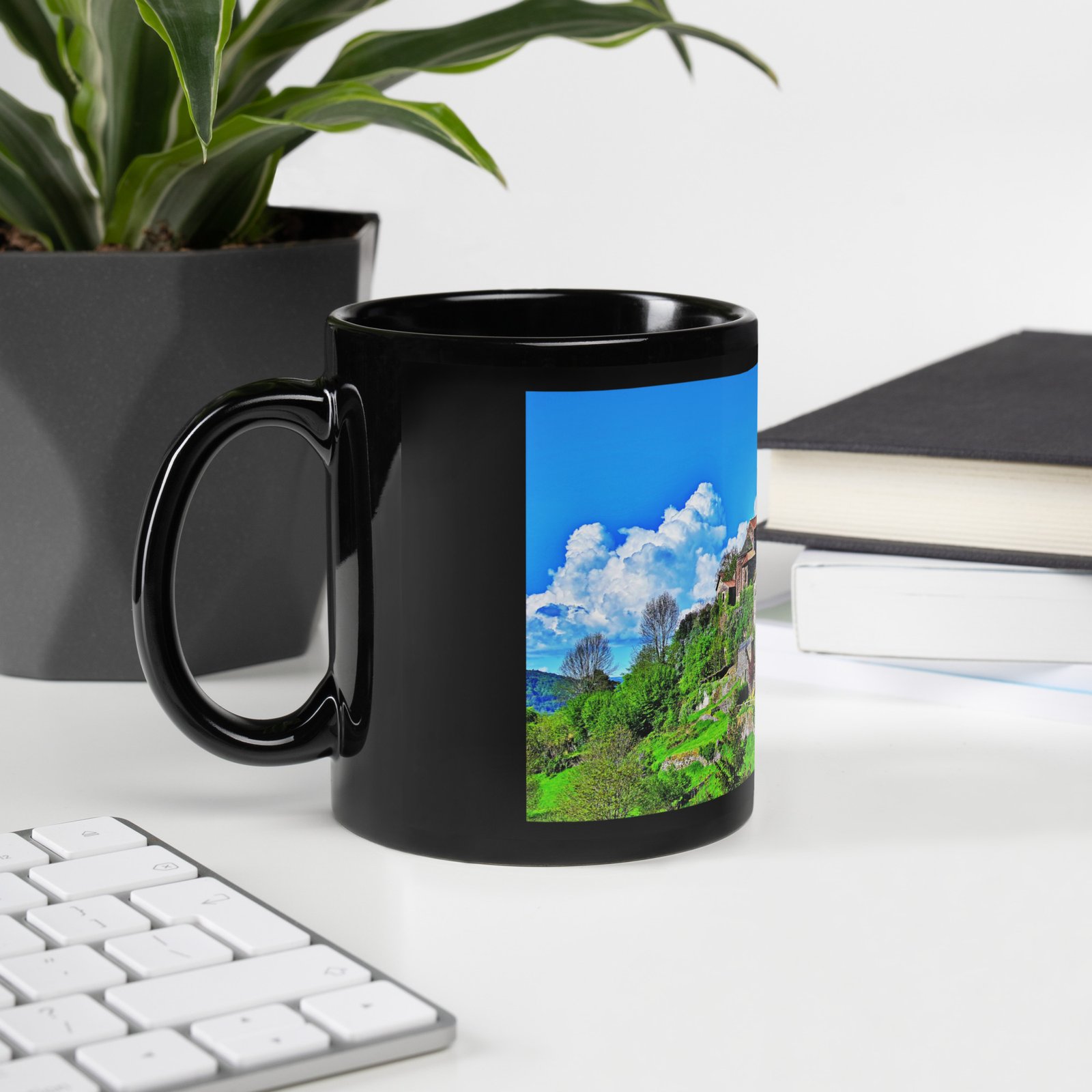 black glossy mug Église st.privat d'allier vue d'ensemble. st privat d'allier black glossy mug Église st.privat d'allier vue d'ensemble. st privat d'allier