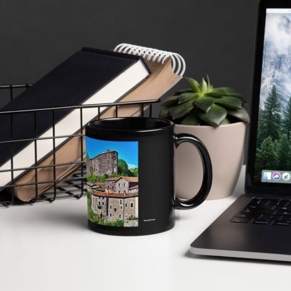 black glossy mug Église st.privat d'allier vue d'ensemble. st privat d'allier
