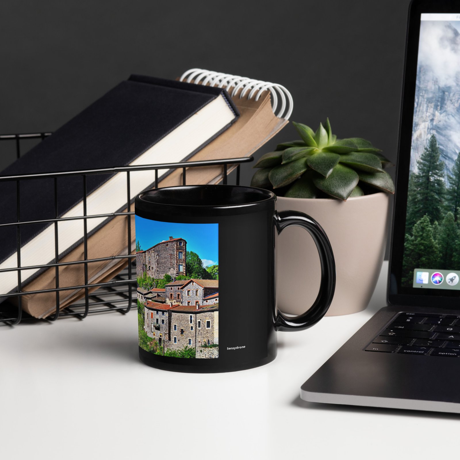 black glossy mug Église st.privat d'allier vue d'ensemble. st privat d'allier black glossy mug Église st.privat d'allier vue d'ensemble. st privat d'allier