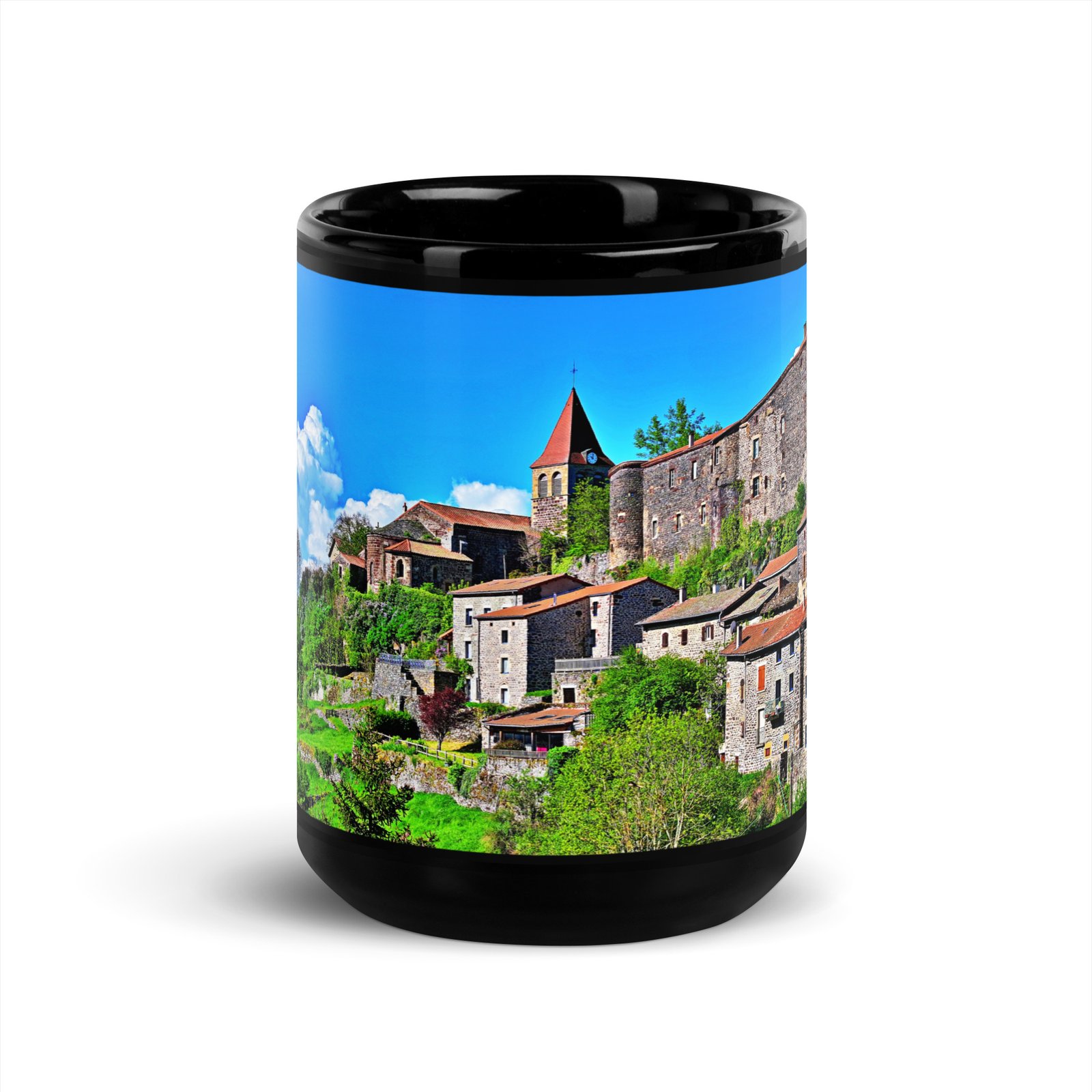 black glossy mug Église st.privat d'allier vue d'ensemble. st privat d'allier black glossy mug Église st.privat d'allier vue d'ensemble. st privat d'allier