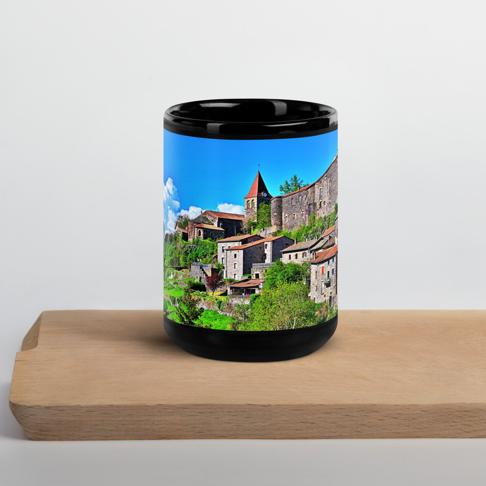 black glossy mug Église st.privat d'allier vue d'ensemble. st privat d'allier black glossy mug Église st.privat d'allier vue d'ensemble. st privat d'allier