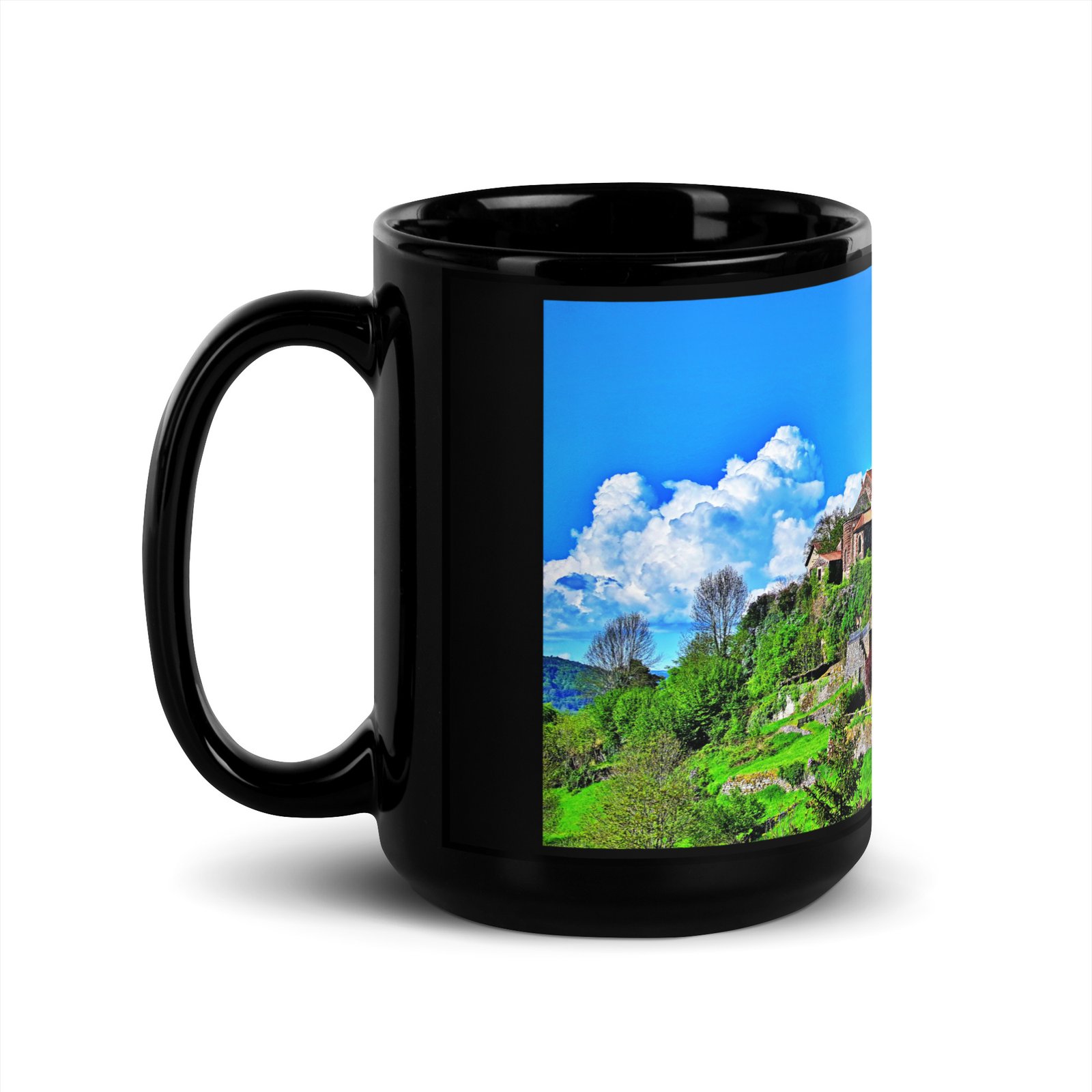 black glossy mug Église st.privat d'allier vue d'ensemble. st privat d'allier black glossy mug Église st.privat d'allier vue d'ensemble. st privat d'allier