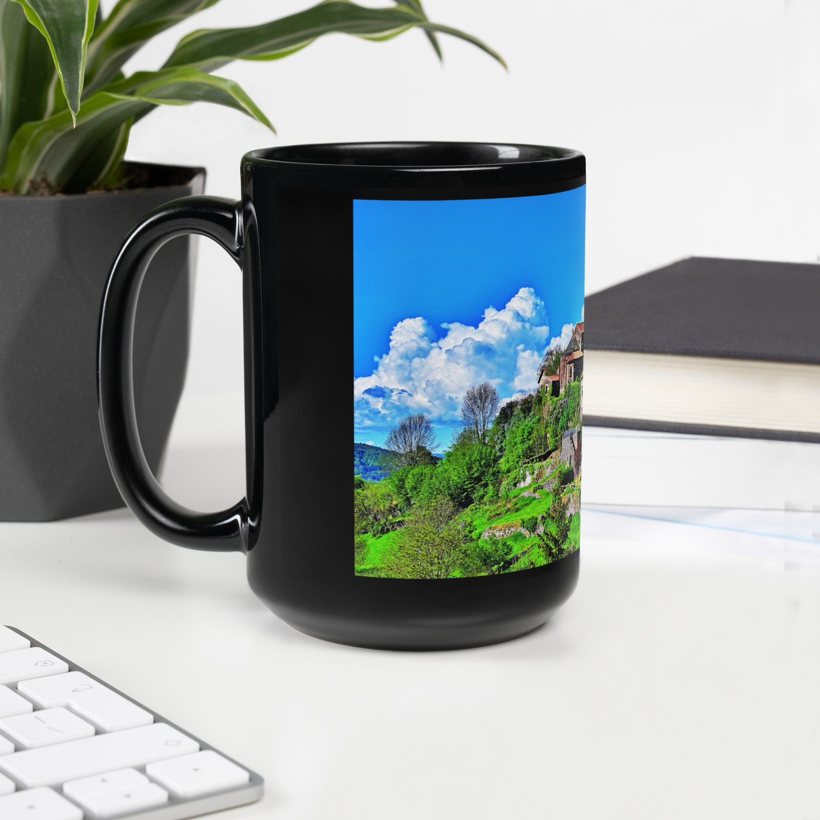black glossy mug Église st.privat d'allier vue d'ensemble. st privat d'allier black glossy mug Église st.privat d'allier vue d'ensemble. st privat d'allier