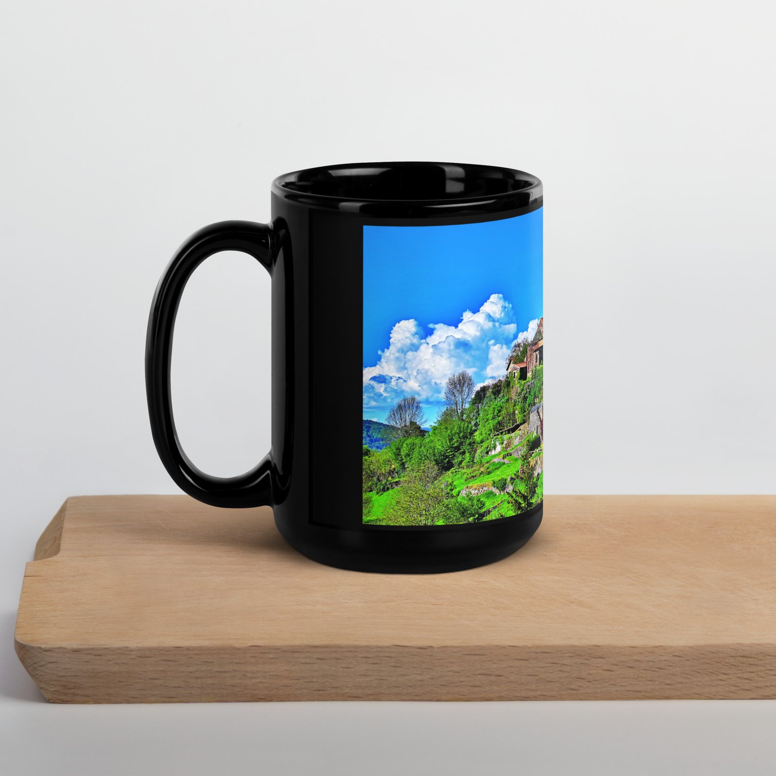 black glossy mug Église st.privat d'allier vue d'ensemble. st privat d'allier black glossy mug Église st.privat d'allier vue d'ensemble. st privat d'allier