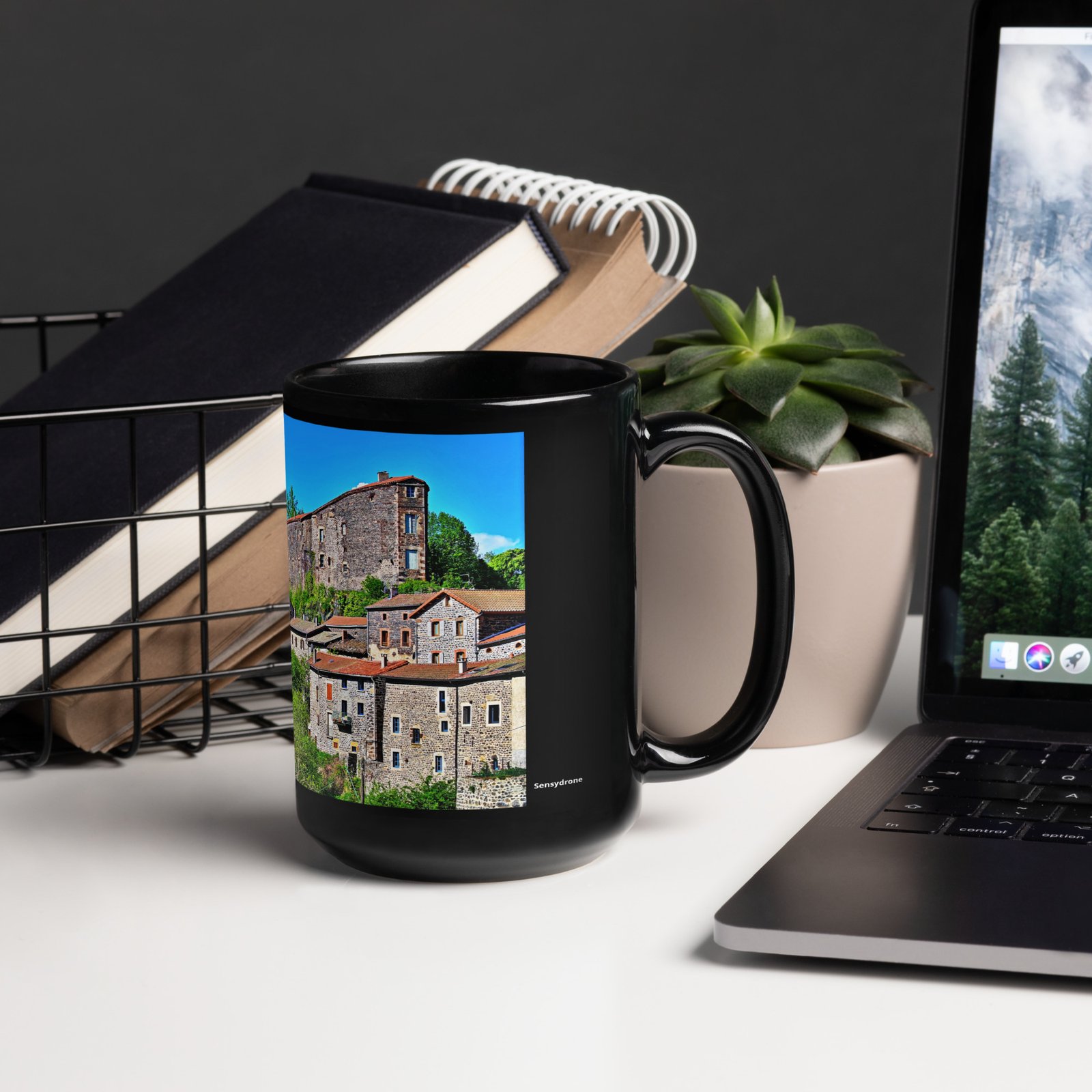 black glossy mug Église st.privat d'allier vue d'ensemble. st privat d'allier black glossy mug Église st.privat d'allier vue d'ensemble. st privat d'allier