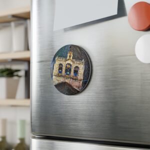 church bell round button magnet — vintage bell tower souvenir