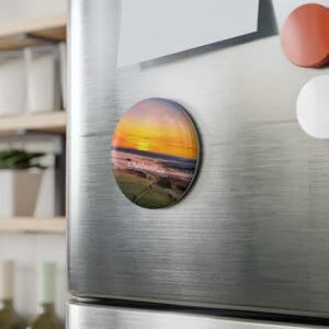 aimant décoratif rond – chabannes (lozère), lever de soleil sur les plateaux