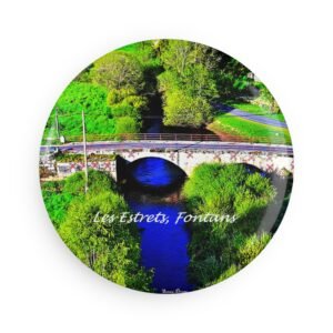 aimant décoratif rond – les estrets, fontans, pont et rivière en lozère