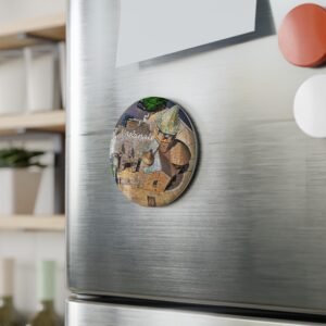 aimant décoratif rond – nasbinals, toits de pierre et cœur roman de l’aubrac