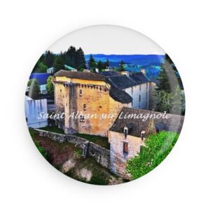 aimant décoratif rond – saint alban sur limagnole, patrimoine du chemin de compostelle