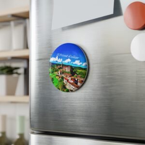 aimant décoratif rond – panorama de saint privat d’allier, départ de la voie du puy (compostelle)