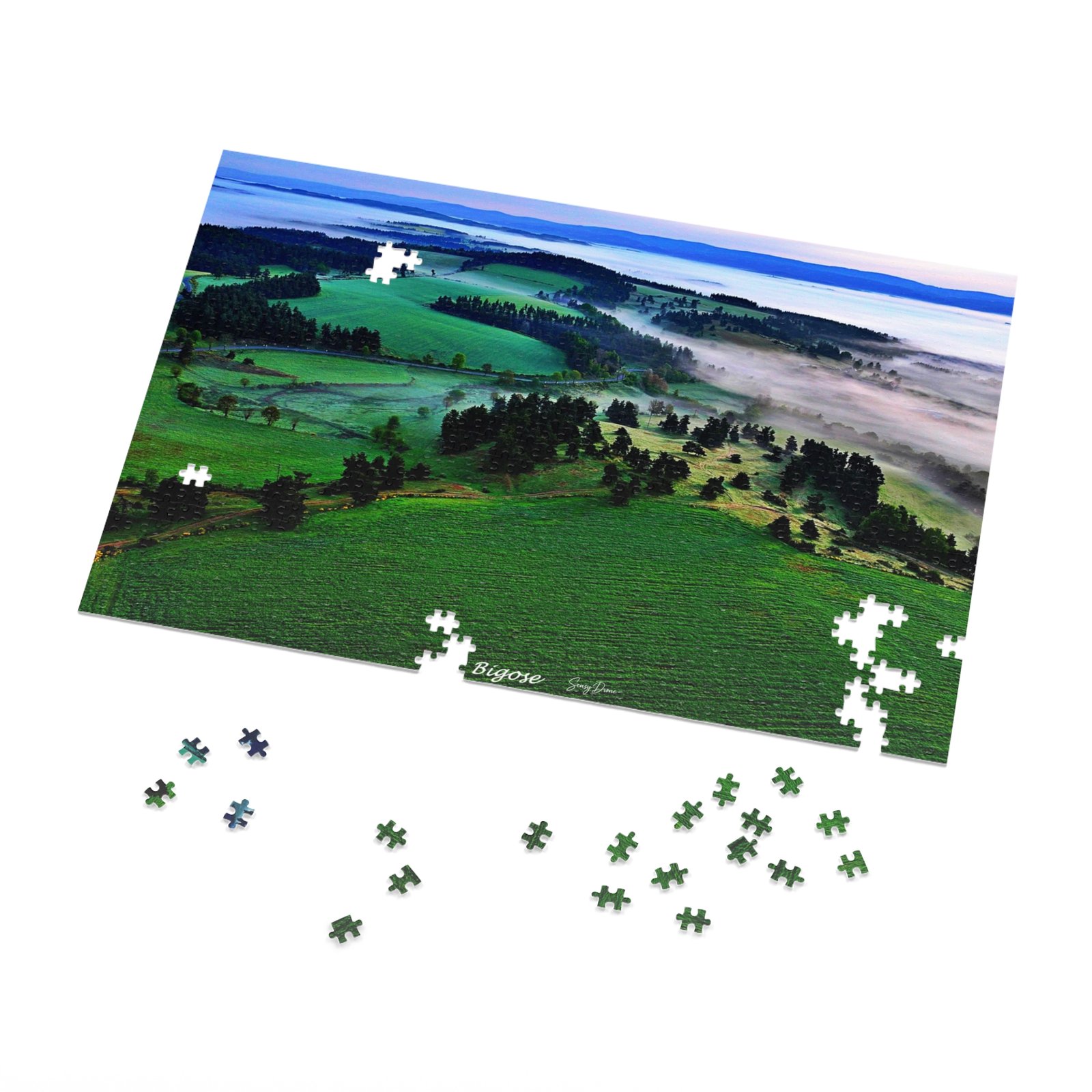 puzzle photo aérienne — bigose | paysage panoramique et brumes matinales puzzle photo aérienne — bigose | paysage panoramique et brumes matinales
