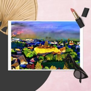 carte postale compostelle – saint alban sur limagnole, llumiére matinale sur le château